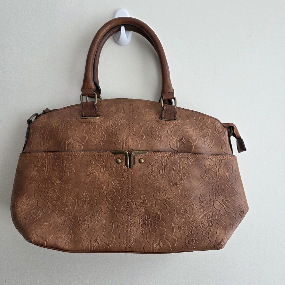 Bueno‎ Brown Tan Floral Embossed Vegan Leather Crossbody Handbag Cottage Boho
